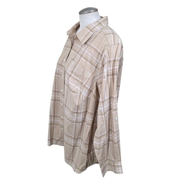 Lands End Womens 1X Plaid Button Up Top Shirt Blouse 1X Office Career Beige Tan - Picture 3 of 6